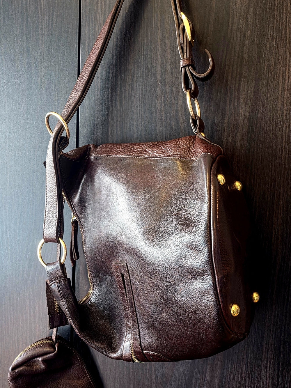 Women's Dark Brown Leather Crossbody Bag with Gold Accents